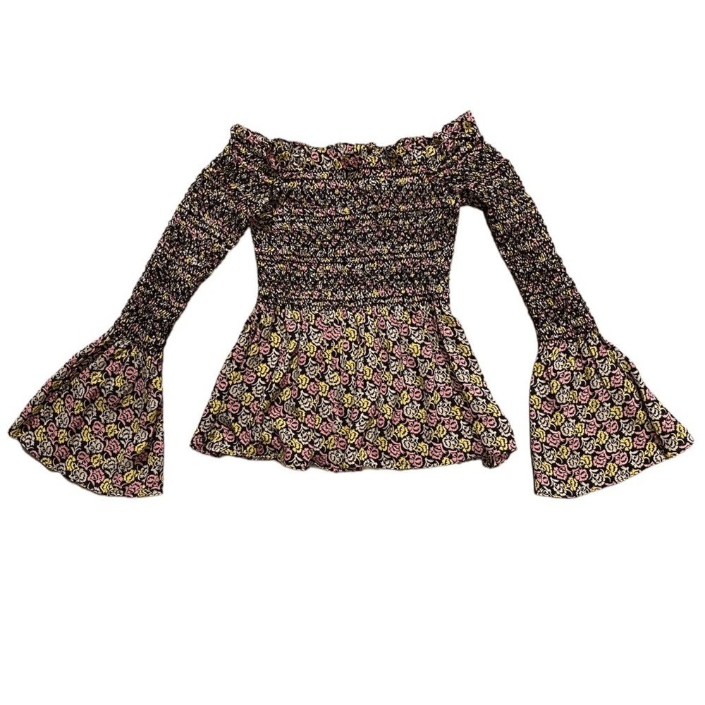 A.L.C. Silk Smocked Off The Shoulder Floral Peplum Top Black Size 4